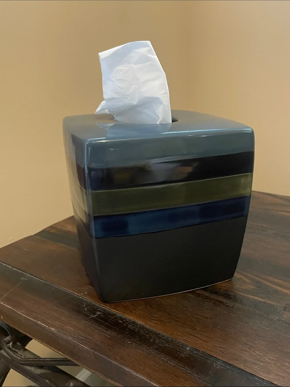 Hand Made Ceramic Tissue Box Cover. Blue Gray Striped. Famous Home Fashions.